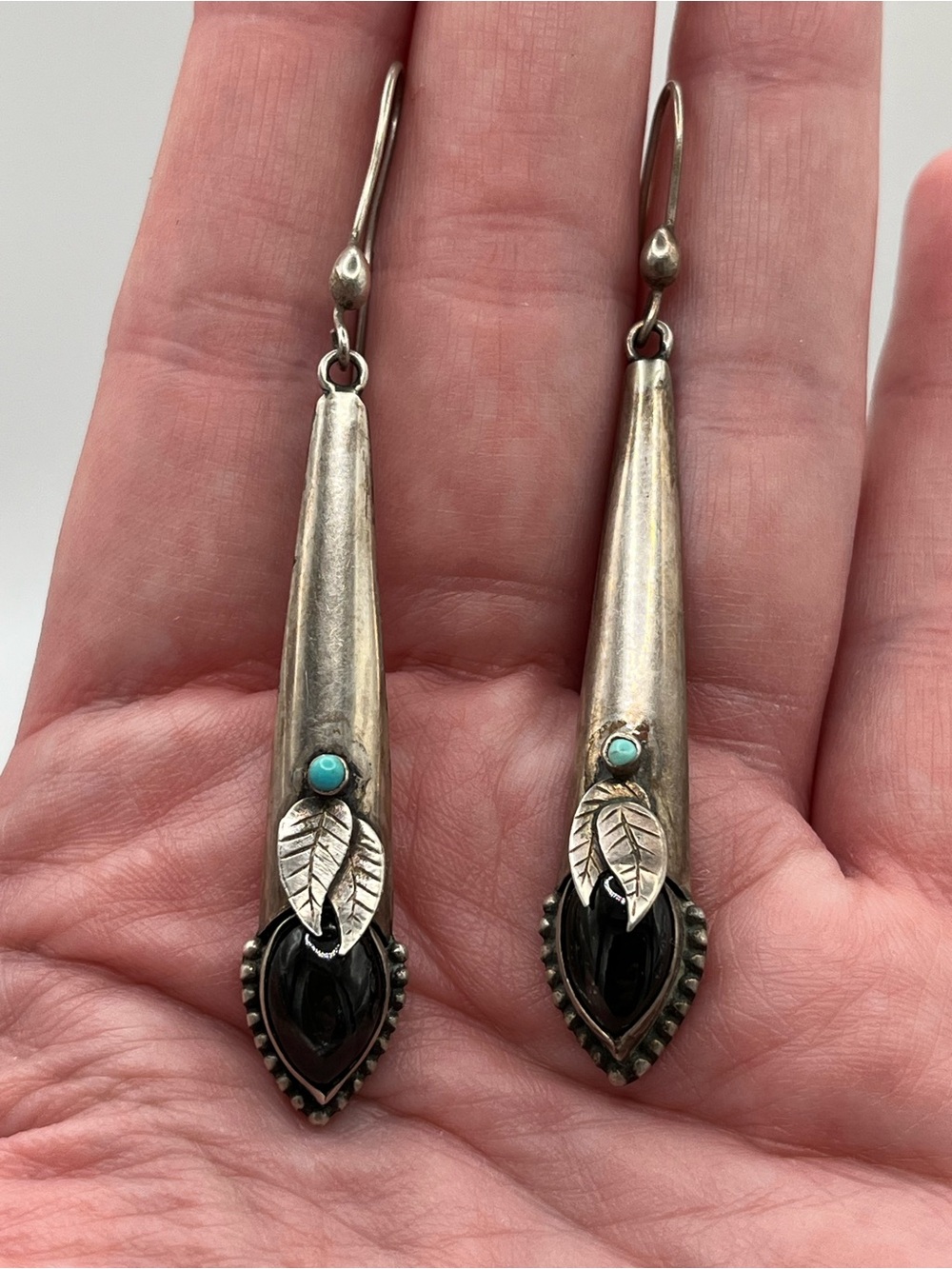 Stunning Vintage 3 Inch Sterling Native American Black Onyx Turquoise Earrings